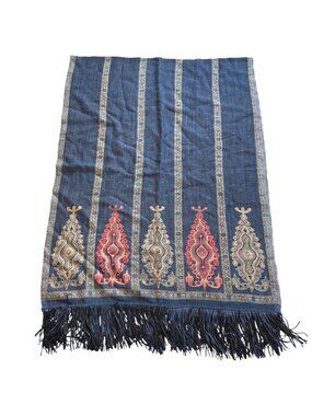Bajra Women's Wrap Scarf Blue Paisley Wool Fringe Shawl Handmade Traditional